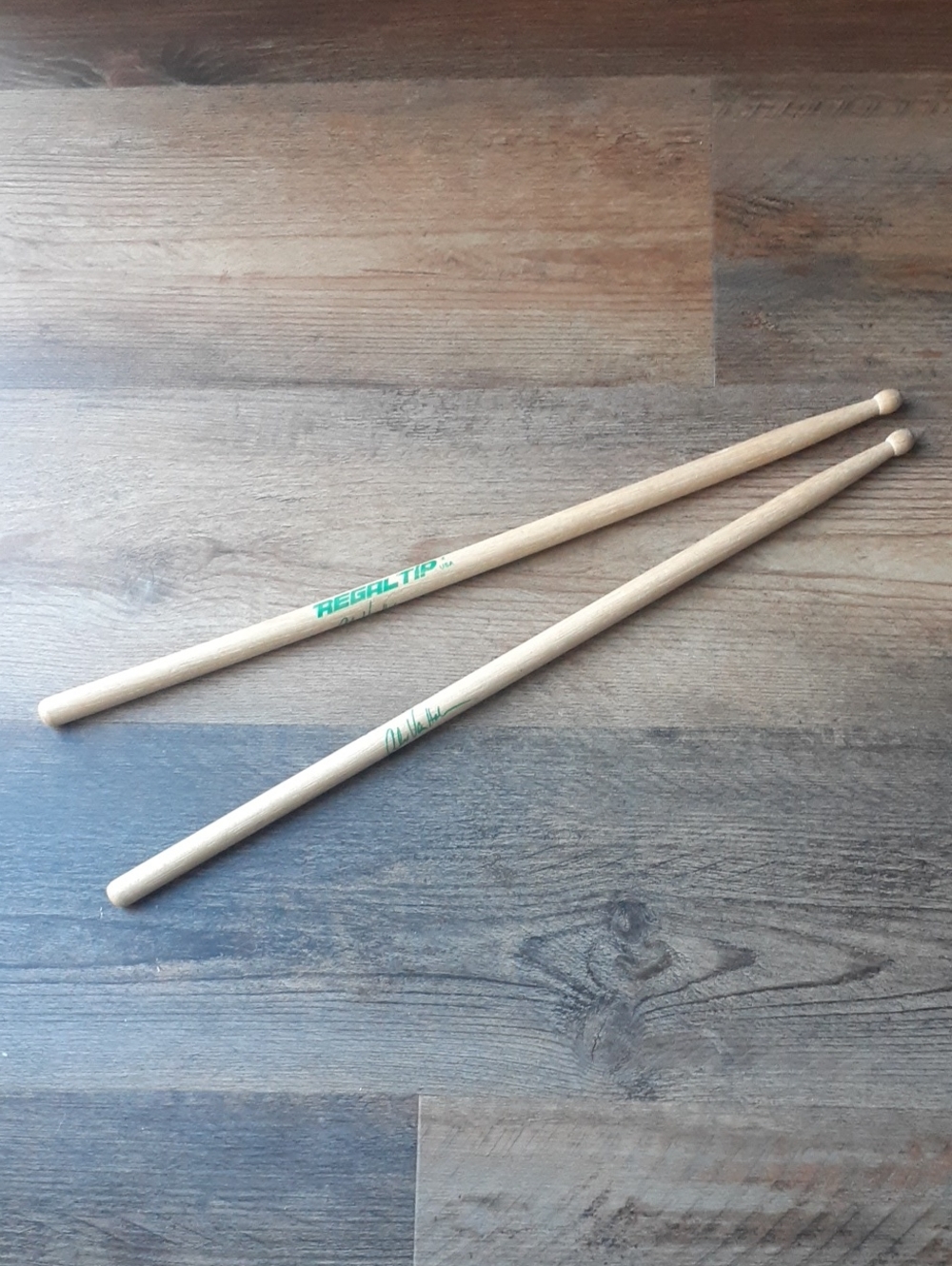 Rare Alex Van Halen Regal Tip Wooden Drum Sticks with Green Logo - Pair